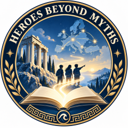 Logotip Heroes Beyond Myths z odprto knjigo, antičnim templjem in mladimi raziskovalci