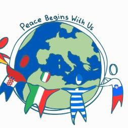 Logotip Peace Begins With Us: otroci okoli Zemlje